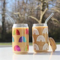 boho rainbow cup iced coffee glass floral glass can with lid straw cute boho coffee cup for best friends coffee lover gi