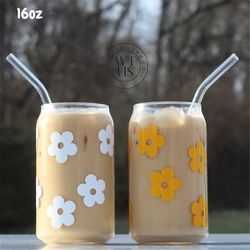 retro flower glass jar, daisy coffee glass,  boho beer glass jar , iced coffee glass, 16 oz beer glass can