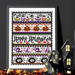 Halloween sampler cross stitch, Witch cross stitch, Pumpkin cross stitch, Mushrooms cross stitch, Digital PDF