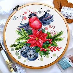 Bullfinch cross stitch, Birds cross stitch, Flowers cross stitch, Poinsettia cross stitch, Christmas tree, Digital PDF
