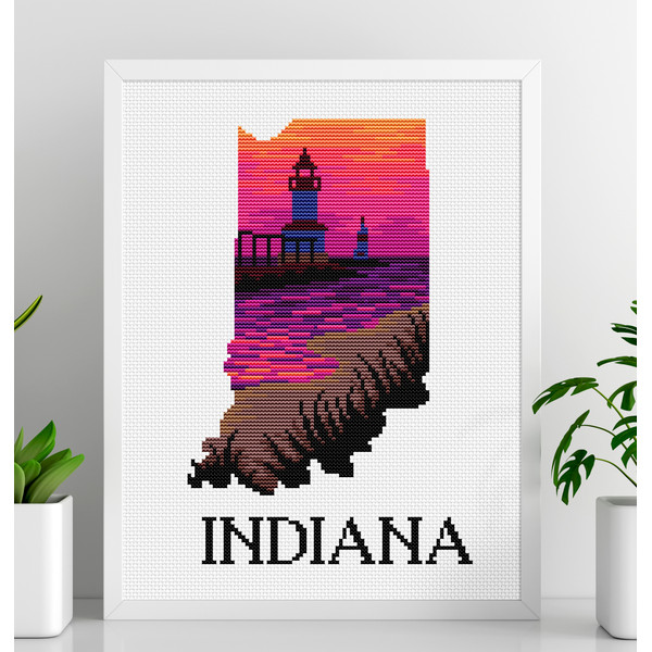 Silhouette Indiana cross stitch, Sunset cross stitch, lighthouse cross stitch, Lake cross stitch, US states, Digital PDF.jpg