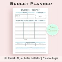 Budget Planner, Budget Planner Template, Financial planner Template, Printable Budget Planner, Budget Checklist, Printab