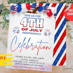 4th july party editable printable invitation canva personalized instant download