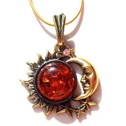 Red Sun and Moon necklace Celestial Amber Jewelry Stacking necklace gold charm Amber pendant Sun necklace Gifts women