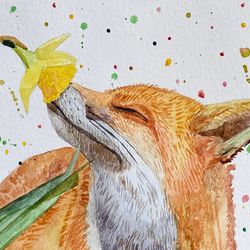 Red Fox Painting Original Art Watercolor Woodland Animal Wildlife Artwork Animal " 5 by 7"