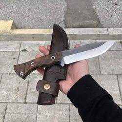 handmde 1095 steel bushcraft knife with rose wood handle and strong leather sheath, handmade gift,