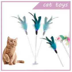 cat toy colorful suction cup spring feather with bell pet toys cat supplies cat plush multicolored wand pet interactive