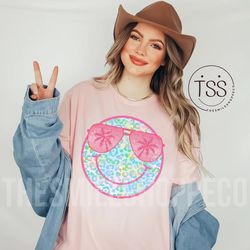 distressed smiley beach vibes shirt, summer shirt, aviator sunglasses leopard smiley face shirt