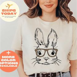 bunny rabbit with leopard print glasses t-shirt, women easter shirt, unisex graphic bunny tees, easter bunny shirt, happ