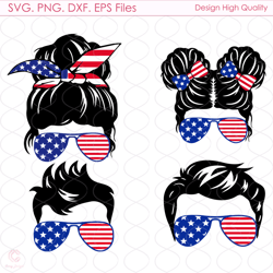 happy 4th of july messy bun girl boy bundle svg, 4th of july, american flag, ame