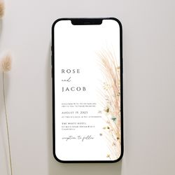 electronic wedding invitation, pampas grass evite, wildflower electronic wedding invite template, boho wedding digital