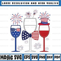 4th Of July Red White Blue Wine Glasses Fireworks Usa Svg,  American Cross Png, American Flag Patriotic Wine Glasses,  I