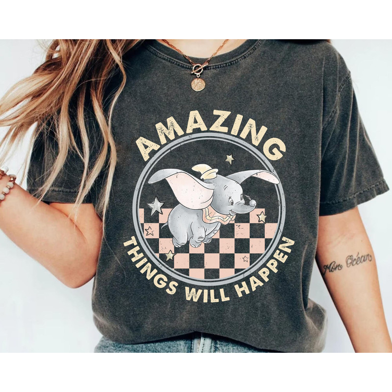 Retro Dumbo The Flying Elephant Checkerboard Amazing Things Will Happen Shirt Disney Birthday T-shirt Walt Disney World Trip - 1.jpg