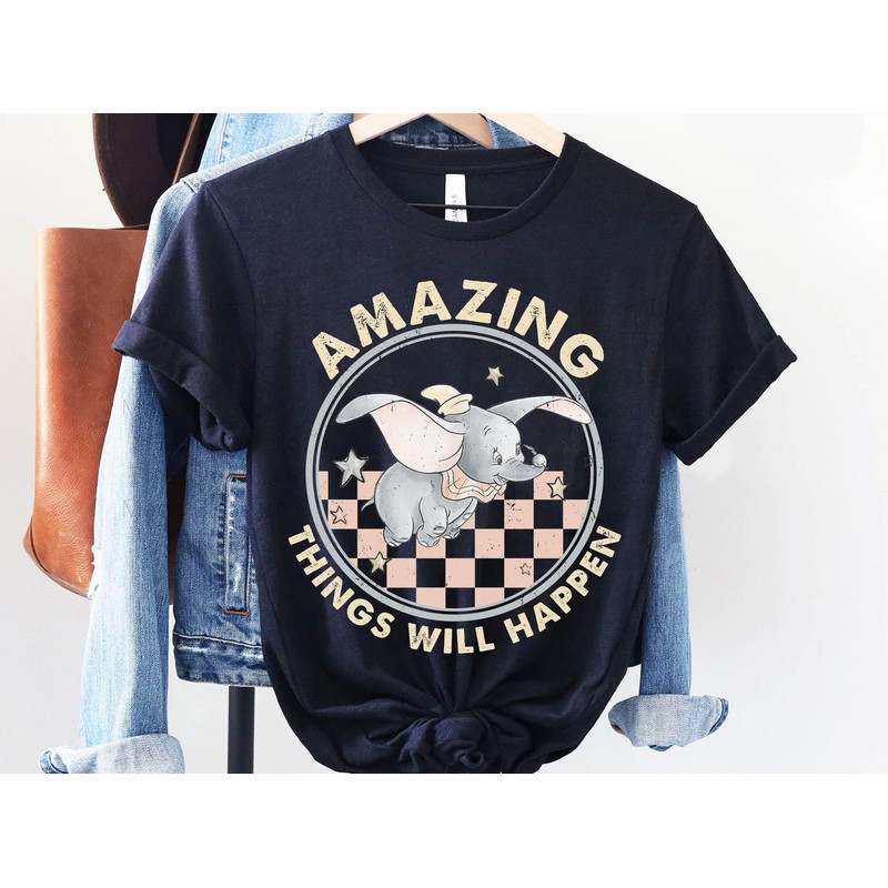 Retro Dumbo The Flying Elephant Checkerboard Amazing Things Will Happen Shirt Disney Birthday T-shirt Walt Disney World Trip - 2.jpg