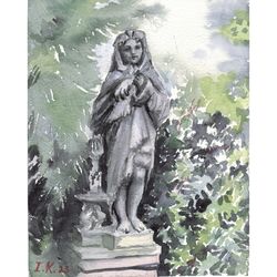 girl in the skin of a bear, sculpture drawing in karlovy vary, czech republic. original watercolor painting 7,5x6''