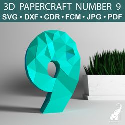 3D papercraft number 9 template – SVG for Cricut, DXF for Silhouette, FCM for Brother, PDF cut files