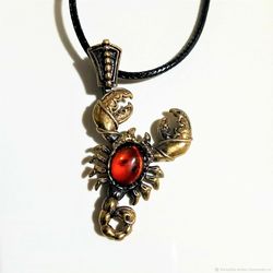 Scorpio Zodiac Necklace Scorpion Pendant Gold Brass Amber Pendant Scorpio Jewelry gift Men Women Amulet necklace