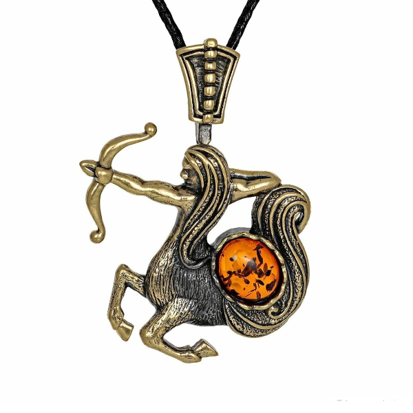 Sagittarius Zodiac Necklace for Men and Women Sagittarius Pendant Gold Brass with Amber Jewelry Amulet everyday necklace.jpg