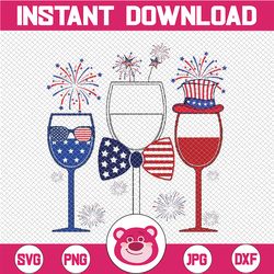 4th Of July Red White Blue Wine Glasses Fireworks Usa Svg,  American Cross Png, American Flag Patriotic Wine Glasses,  I