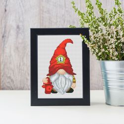 firefighter, cross stitch pattern, counted cross stitch, gnomes cross stitch, fireman gift