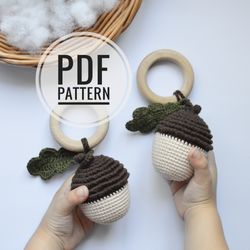 Acorn baby rattle easy crochet pattern, crochet nut for newborn or nursery decoration