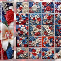 3d patriotic floral plaster cast tumbler design bundle, 3d memorial day 20 oz skinny tumbler design, 20 oz tumbler desig