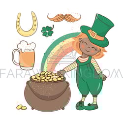 patrick gold red haired leprechaun vector illustration set
