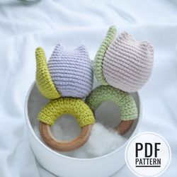 Tulip baby rattle crochet pattern or easy instruction pdf, cute spring crochet flower toy