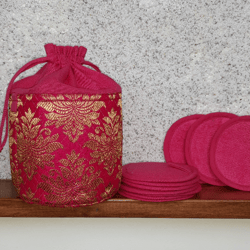 reusable pads set & small boho style storage basket, small laundry bag, makeup remover pads,  plastic free skincare