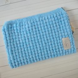 Large knitted cosmetic bag Handmade Blue color