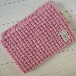 Large knitted cosmetic bag Handmade Pink color