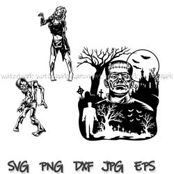 bundle halloween horror svg, frankenstein scene svg, horror monster svg, zombie woman svg, walking zombie svg, fun svg