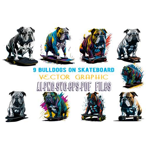 Bulldog on Skateboard AI.SVG.EPS.PDF.PNG DOWNLOAD DIGITAL SUBLIMATION FILES