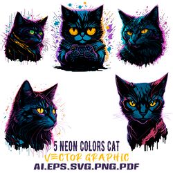black cat with neon colors on background ai.svg.eps.pdf.png download digital sublimation files