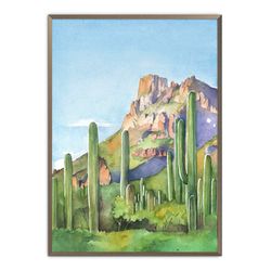 arizona painting saguaro cactus art print arizona landscape watercolor painting arizona cactus print sage green wall art