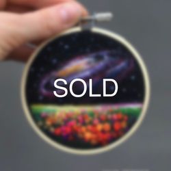 embroidered and needle felted tiny painting, space thread artwork