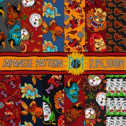 japanese seamless pattern, oriental tattoo pattern set for scrapbooking, fabric and crafting, hannya mask, foodog, koi