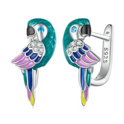 Parrot earrings, Sterling silver jewelry, Bird lover gift, Colorful enamel
