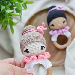 Ballerina doll baby rattle, ballet dancer crochet first toy for baby girl