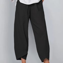 Casual Elastic Waist Solid Fashion Comfy Loose Pocket Pants, Women's Clothing