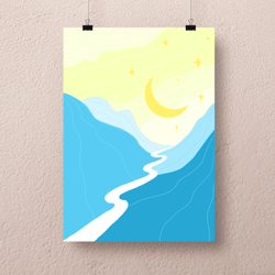 Minimalist Landscape Print Art Yellow Sky Blue Mountains with River Flat Digital Interior Painting