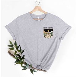 desert dreamer shirt, pocket size hiking tees, boho shirts, wilderness graphic tee, cool outdoors print, cactus art, hip