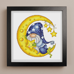 Sleeping Gnome cross stitch pattern PDF, Night gnome, Gnome on the moon, Moon cross stitch, Nursery cross stitch