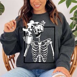 dead inside without coffee crewneck sweatshirt, super soft halloween vintage, skeleton, hoodie, oversized, time of the y
