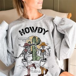 dancing skeletons crewneck sweatshirt, super soft howdy vintage, skeleton, hoodie, oversized print, dtg, boho, cowboy, c