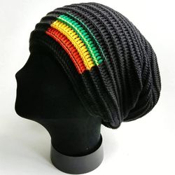 Handmade Crochet Rasta Hat for Dreadlocks. Hand knitting! Black cap Green Yellow Red Stripe Reggae style Bob Marley