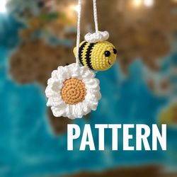 Easy crochet PATTERN BEE and Daisy for car accessories, PDF beginner crochet top amigurumi tutorial, Leather pattern