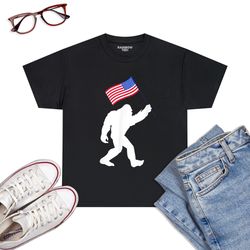 bigfoot with american flag funny 4th of july t-shirt