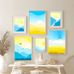 Set of Minimalist Landscapes Print Art Yellow Sun Sky Field Blue Mountains Flat Digital Interior Painting