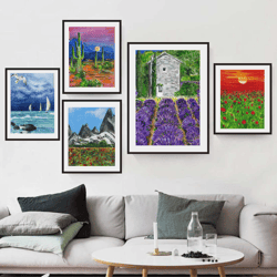 Set of Landscapes Art Print of Original Painting Faild Mountains Lavender Cactus Seascape Wall Decor